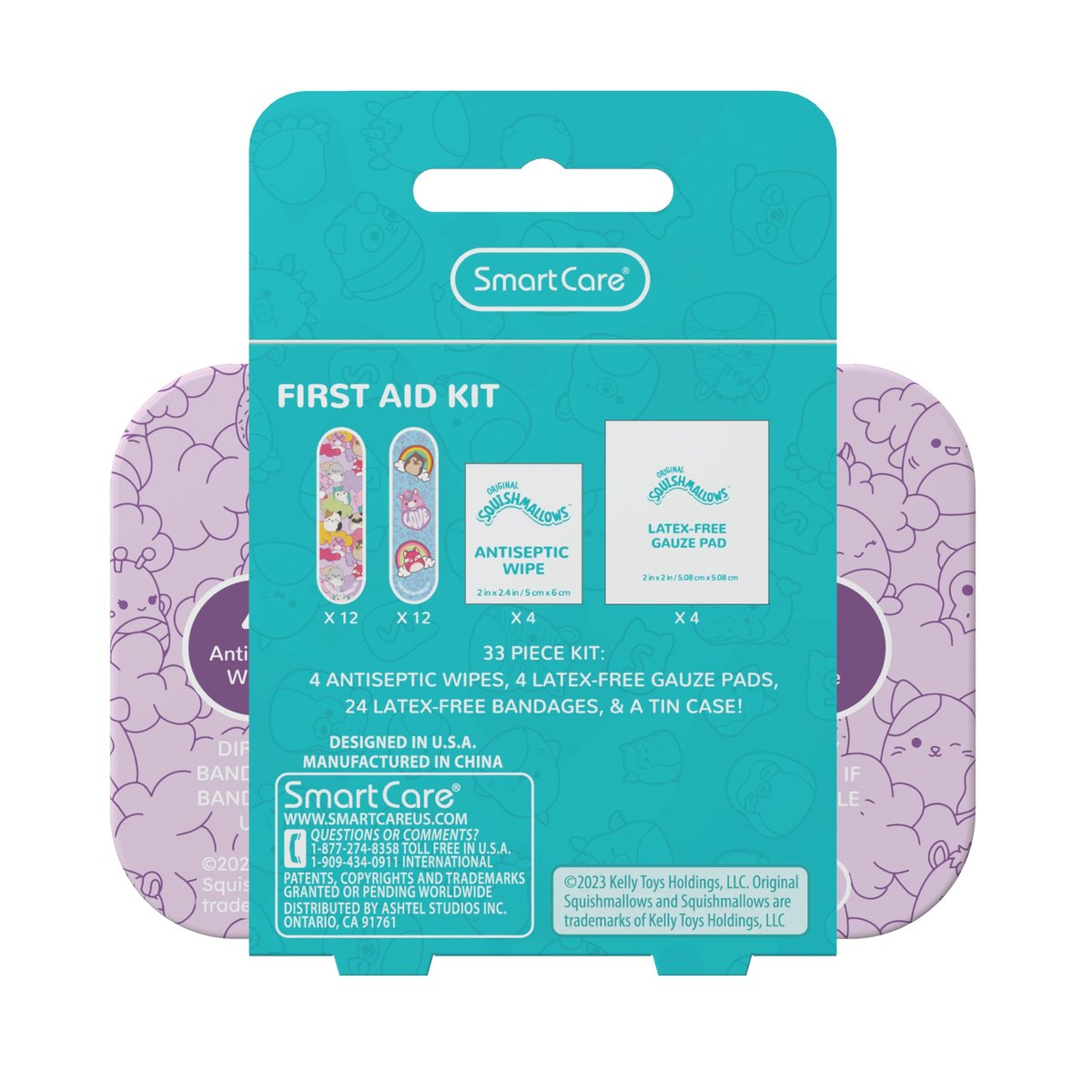 Smart Care Squishmallow Erste-Hilfe-Set für Kinder – 33-teiliges Reiseset mit antiseptischen Tüchern, Pflastern und Mullbinden in Metalldose