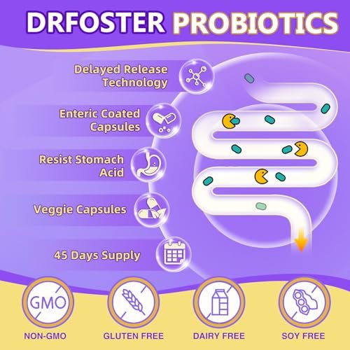 DRFOSTER Probiotika für Frauen & Männer – 120 Milliarden KBE, Präbiotika & Probiotika für die Darmgesundheit, mit Vitamin D3, Zink & Immununterstützung, 90 Kapseln (45 Tage – 3 Monate Vorrat)