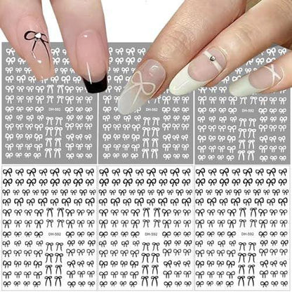 6 Bögen Designer Nagelaufkleber Französisch Nagelsticker Schwarz Weiß Schleifen Designs 3D Klebende Schleifen Transferband Slider Aufkleber Folie Beliebte Schleifen Nageldekorationen für Frauen Maniküre Zubehör