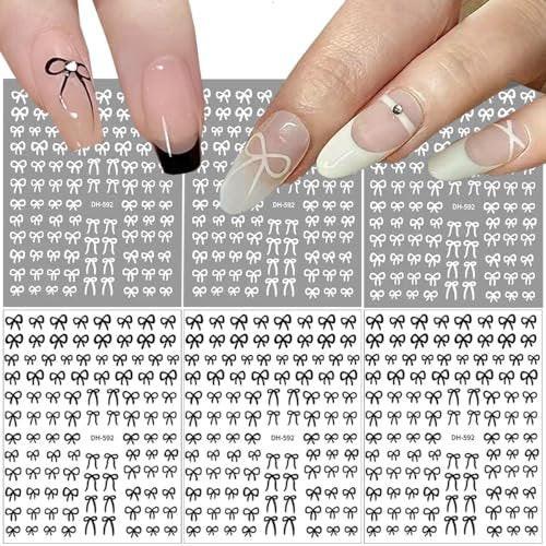 6 Bögen Designer Nagelaufkleber Französisch Nagelsticker Schwarz Weiß Schleifen Designs 3D Klebende Schleifen Transferband Slider Aufkleber Folie Beliebte Schleifen Nageldekorationen für Frauen Maniküre Zubehör