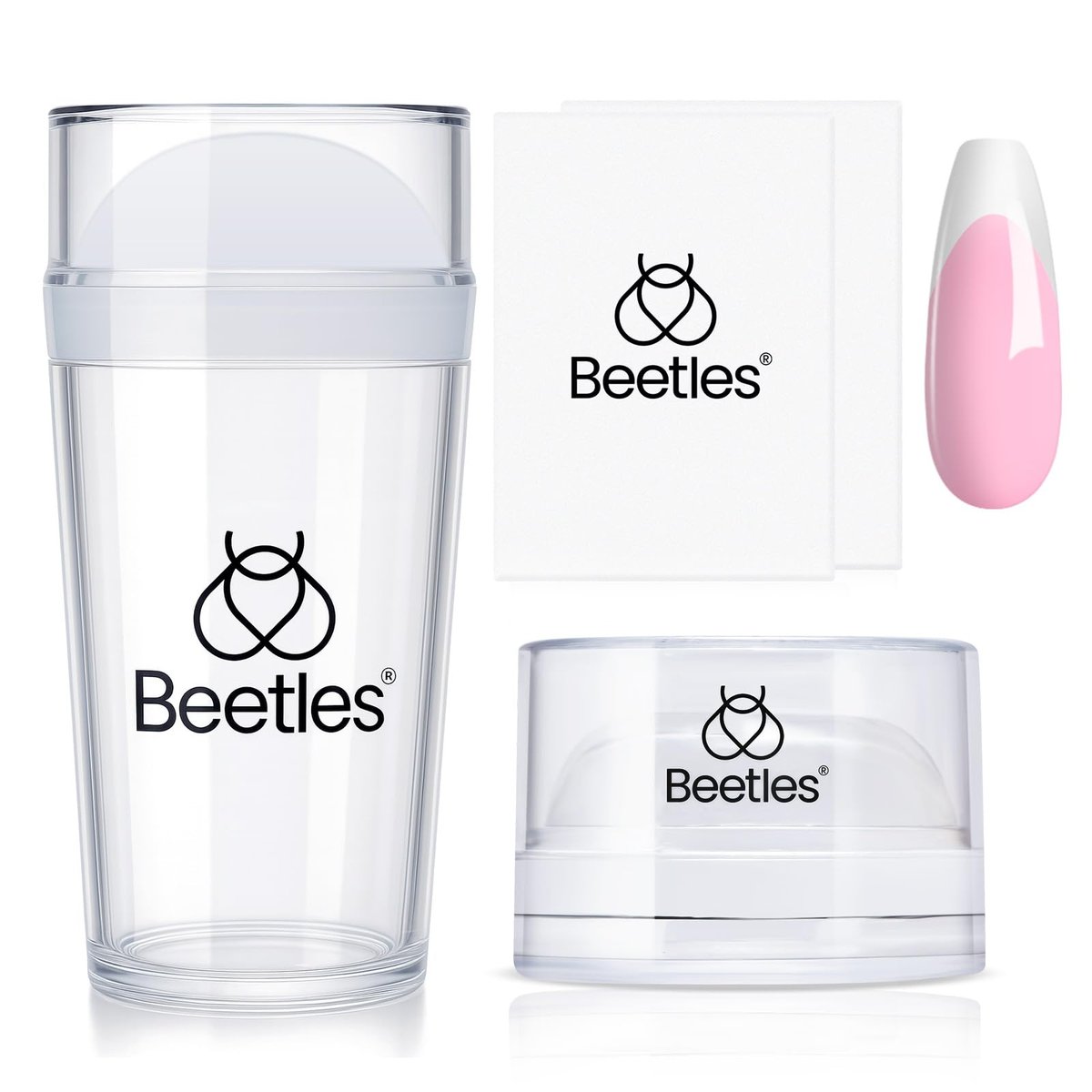 Beetles French Tip Nail Stamp Tool 4-teiliges Set – Kurze klare Silikon-Nagelstempel und langer French-Tip-Stempel mit Nagelschaber für Maniküre, Heim-DIY und Salon
