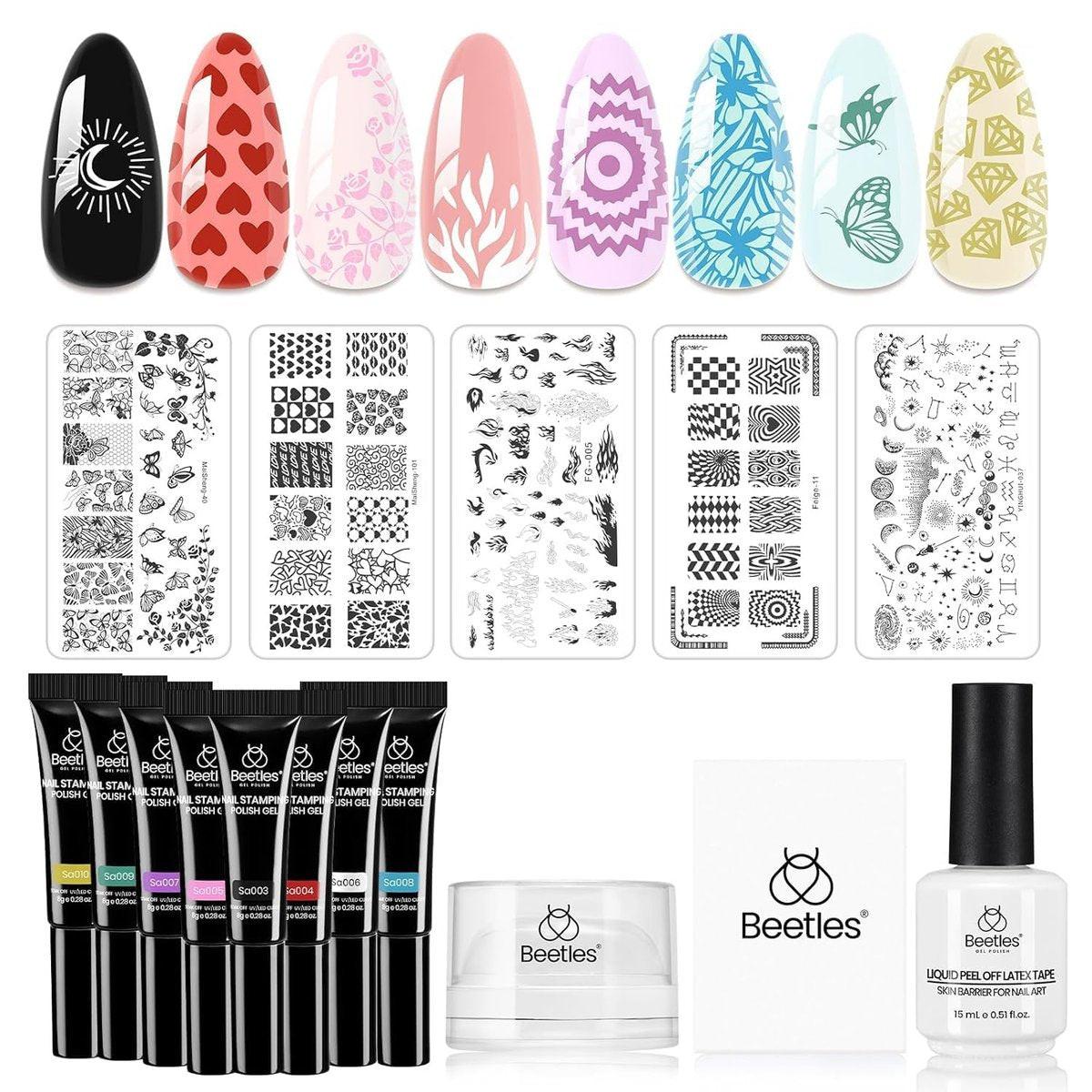 Beetles Nail Stamp Gel 16-teiliges French-Tip-Nail-Stamp-Kit mit 8 Farben Stamper-Gel-Poliermittel, 5 Nagelstempelvorlagen, Schabern, Latexflüssigkeit und kurzem Silikonstempel – Geschenk für Frauen