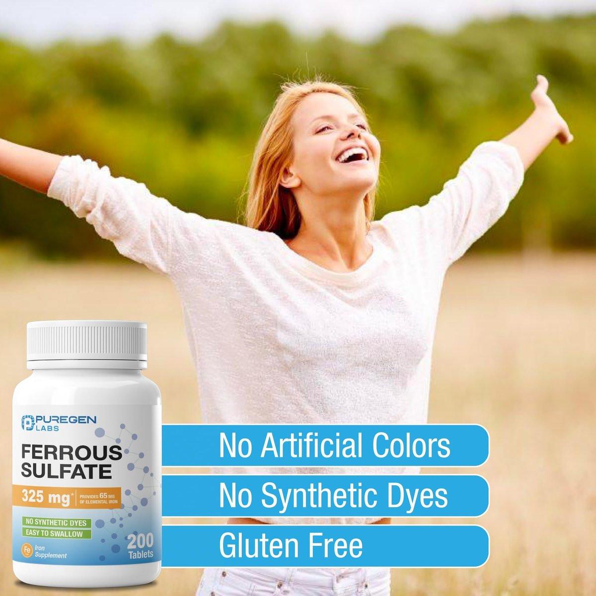 Puregen Labs Eisensulfat 325 mg (65 mg elementares Eisen) Hochdosiertes Eisenpräparat | Ohne künstliche Farbstoffe - 200 Tabletten