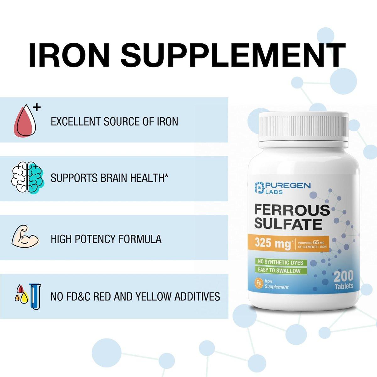 Puregen Labs Eisensulfat 325 mg (65 mg elementares Eisen) Hochdosiertes Eisenpräparat | Ohne künstliche Farbstoffe - 200 Tabletten