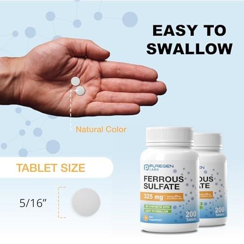 Puregen Labs Eisensulfat 325 mg (65 mg elementares Eisen) Hochdosiertes Eisenpräparat | Ohne künstliche Farbstoffe - 200 Tabletten