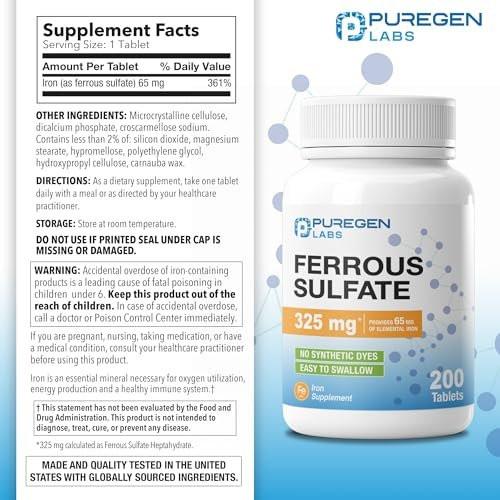Puregen Labs Eisensulfat 325 mg (65 mg elementares Eisen) Hochdosiertes Eisenpräparat | Ohne künstliche Farbstoffe - 200 Tabletten