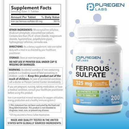 Puregen Labs Eisensulfat 325 mg (65 mg elementares Eisen) Hochdosiertes Eisenpräparat | Ohne künstliche Farbstoffe - 200 Tabletten