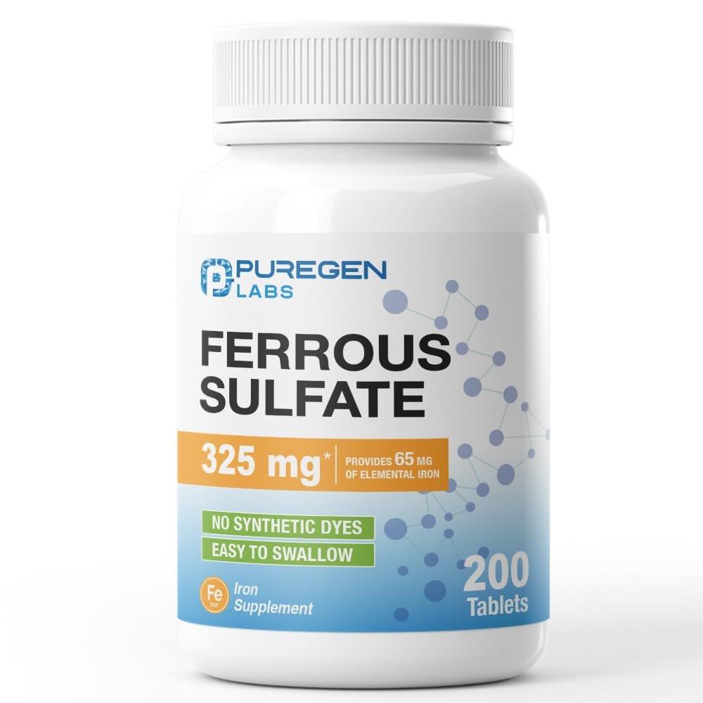 Puregen Labs Eisensulfat 325 mg (65 mg elementares Eisen) Hochdosiertes Eisenpräparat | Ohne künstliche Farbstoffe - 200 Tabletten