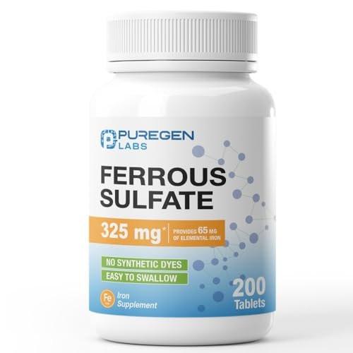 Puregen Labs Eisensulfat 325 mg (65 mg elementares Eisen) Hochdosiertes Eisenpräparat | Ohne künstliche Farbstoffe - 200 Tabletten