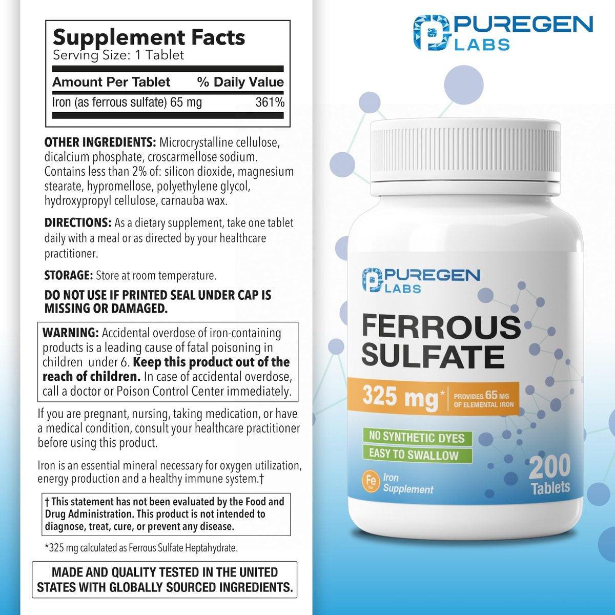 Puregen Labs Eisensulfat 325 mg (65 mg elementares Eisen) Hochdosiertes Eisenpräparat | Ohne künstliche Farbstoffe - 200 Tabletten