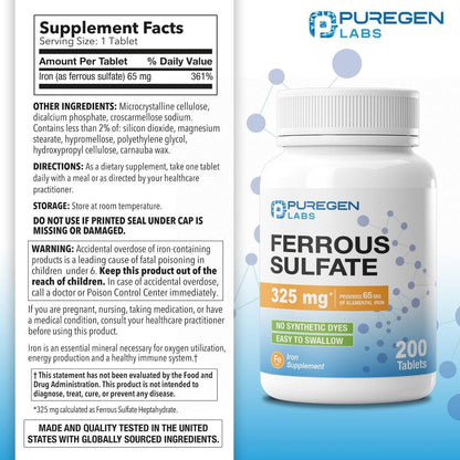 Puregen Labs Eisensulfat 325 mg (65 mg elementares Eisen) Hochdosiertes Eisenpräparat | Ohne künstliche Farbstoffe - 200 Tabletten