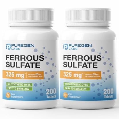 Puregen Labs Eisen 65mg – Hochdosiertes Eisenpräparat | Ohne künstliche Farbstoffe – 400 Tabletten