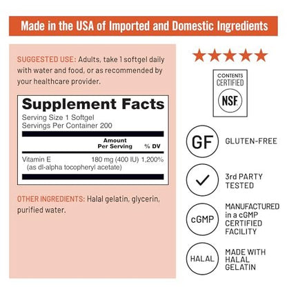 NatureWise Vitamin E 400 IU Weichkapseln (180 mg DL-Alpha) – Milch-, gluten- und sojafrei, nicht-GMO, antioxidatives Nahrungsergänzungsmittel für Haut-, Herz-, Augen- und Immununterstützung – 200 Stück
