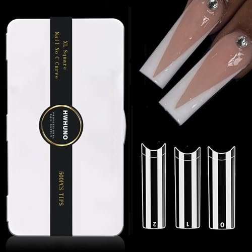 HWHUNO Lange gerade halbüberlappte konische XL quadratische Nagelspitzen ohne C-Kurve, klare ABS-Falschnägel mittel für Maniküre-Salon und Heim-DIY