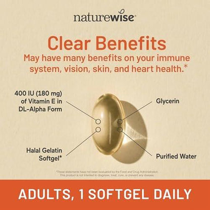 NatureWise Vitamin E 400 IE Weichkapseln (180 mg DL-Alpha) – Milch-, Gluten- & Sojafrei – Antioxidantienreiches Nahrungsergänzungsmittel für Haut-, Herz- und Immunsystemunterstützung – 4-Monatsvorrat, 120 Stück
