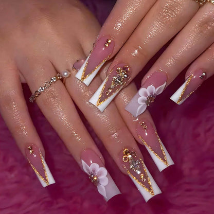 QQPPOLIU Press On Nails – French, Nude, Blumen & Strassdesigns – Lange, Mittlere, Sargform, Quadratisch, 3D, Glitzer, Fake Nägel – 24 Stück