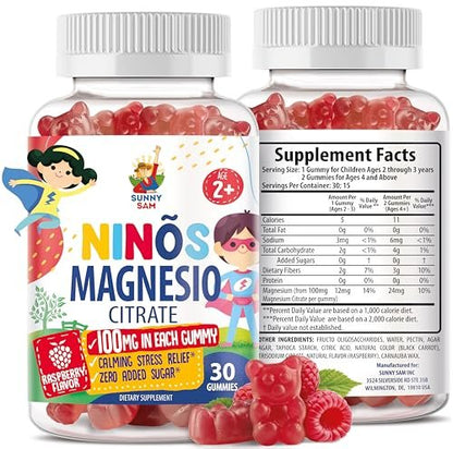 Magnesium Gummis für Kinder & Erwachsene - 100mg - Beruhigende Magnesium-Lutschtabletten - Magnesiumcitrat Kautablette für Stimmung & Muskelunterstützung - Citrato de Magnesio para Niños - 30 Gummis