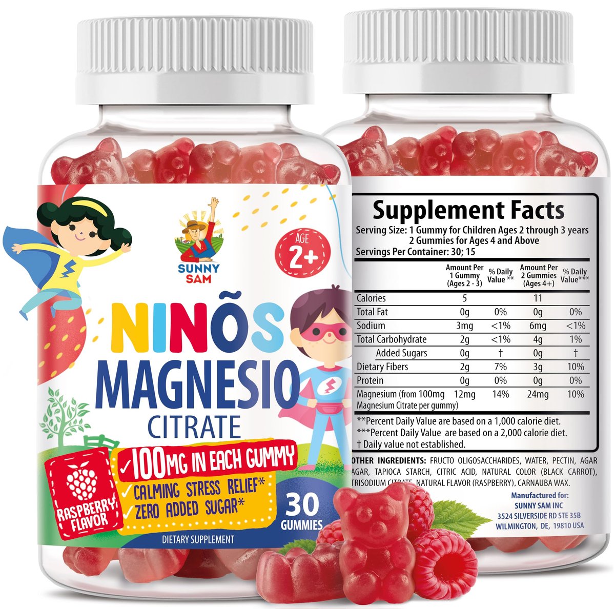 Magnesium Gummis für Kinder & Erwachsene - 100mg - Beruhigende Magnesium-Lutschtabletten - Magnesiumcitrat Kautablette für Stimmung & Muskelunterstützung - Citrato de Magnesio para Niños - 30 Gummis