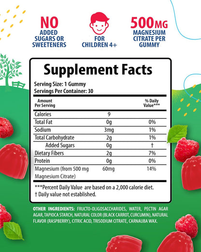 Zuckerfreie Magnesium Gummibärchen für Kinder & Jugendliche - 500 mg Magnesiumcitrat - Beruhigende Gummibonbons für Schlaf, Stimmung & Muskeln - Magnesiumcitrat für Kinder - 30-Tage-Vorrat