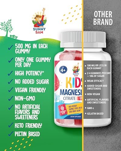 Zuckerfreie Magnesium Gummibärchen für Kinder & Jugendliche - 500 mg Magnesiumcitrat - Beruhigende Gummibonbons für Schlaf, Stimmung & Muskeln - Magnesiumcitrat für Kinder - 30-Tage-Vorrat