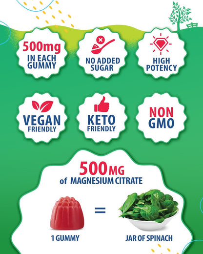 Zuckerfreie Magnesium Gummibärchen für Kinder & Jugendliche - 500 mg Magnesiumcitrat - Beruhigende Gummibonbons für Schlaf, Stimmung & Muskeln - Magnesiumcitrat für Kinder - 30-Tage-Vorrat