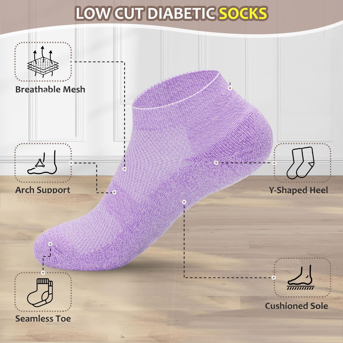 Revosoxs Diabetikersocken für Damen und Herren, 5 Paar, nahtlos, niedriger Bund, Medium, Größe 7-9 9-11 (Weiß/Türkis/Himmelblau/Lila/Pink)