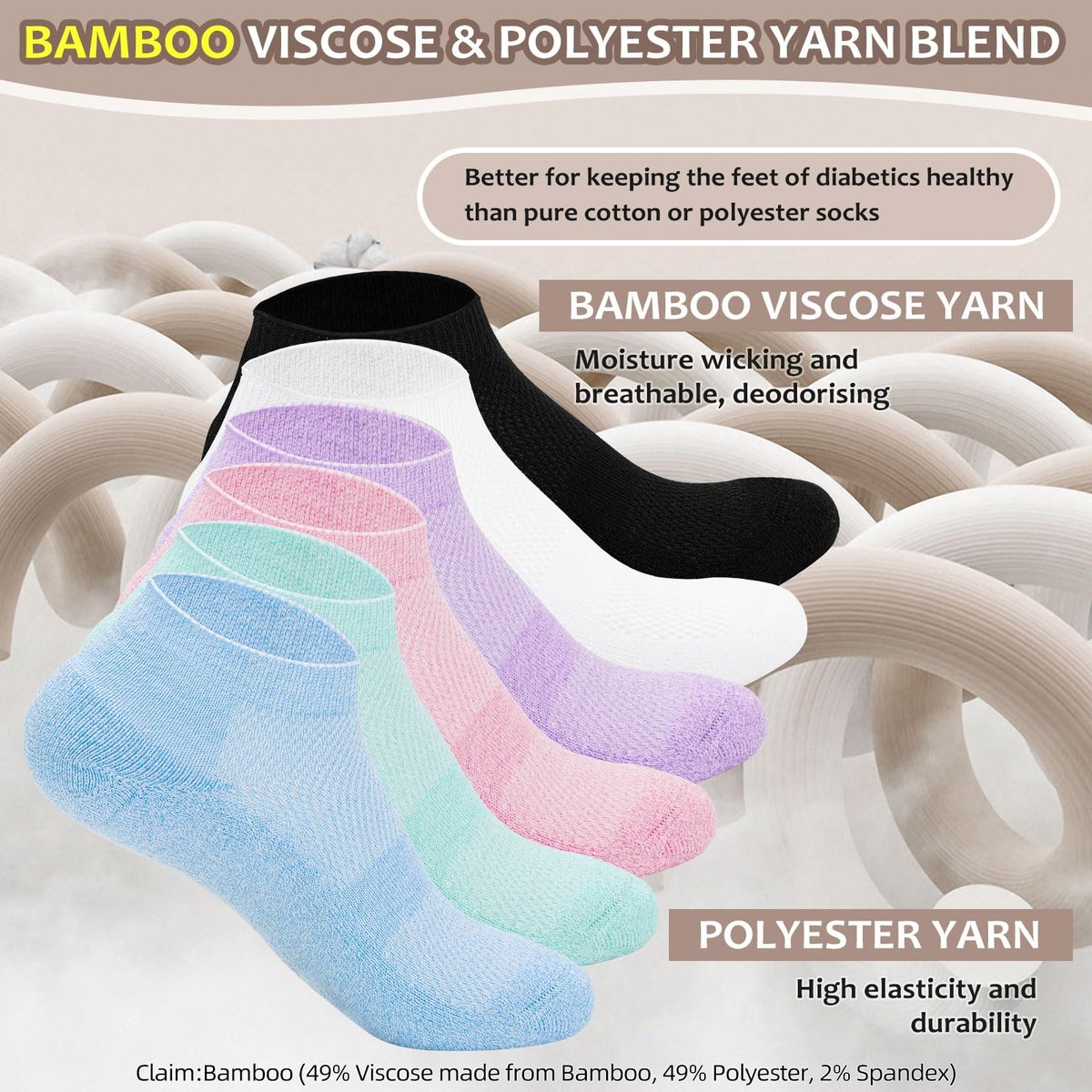 Revosoxs Diabetikersocken für Damen und Herren, 5 Paar, nahtlos, niedriger Bund, Medium, Größe 7-9 9-11 (Weiß/Türkis/Himmelblau/Lila/Pink)