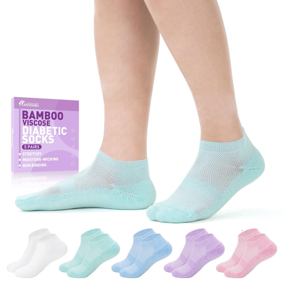 Revosoxs Diabetikersocken für Damen und Herren, 5 Paar, nahtlos, niedriger Bund, Medium, Größe 7-9 9-11 (Weiß/Türkis/Himmelblau/Lila/Pink)