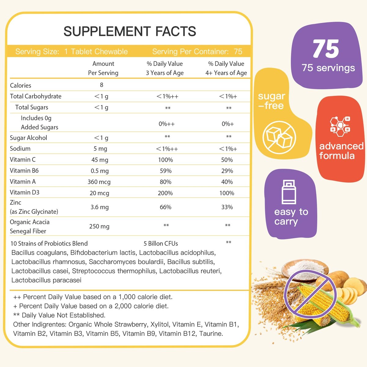 ZEBORA Kids Probiotische Kautabletten für die Verdauungsgesundheit mit 5 Milliarden KBE, Präbiotika und Probiotika für Kinder für Darmgesundheit, Immununterstützung, Nährstoffaufnahme, Vitamin C, Zink, 75 Portionen, Erdbeergeschmack