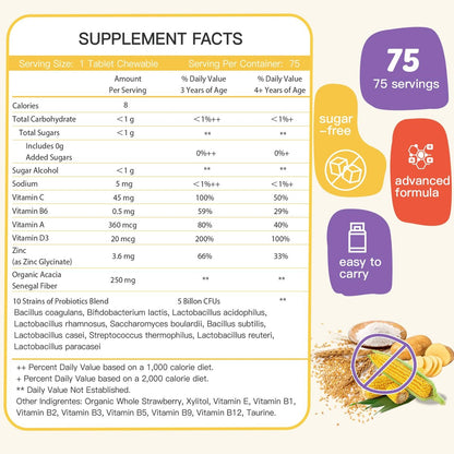 ZEBORA Kids Probiotische Kautabletten für die Verdauungsgesundheit mit 5 Milliarden KBE, Präbiotika und Probiotika für Kinder für Darmgesundheit, Immununterstützung, Nährstoffaufnahme, Vitamin C, Zink, 75 Portionen, Erdbeergeschmack