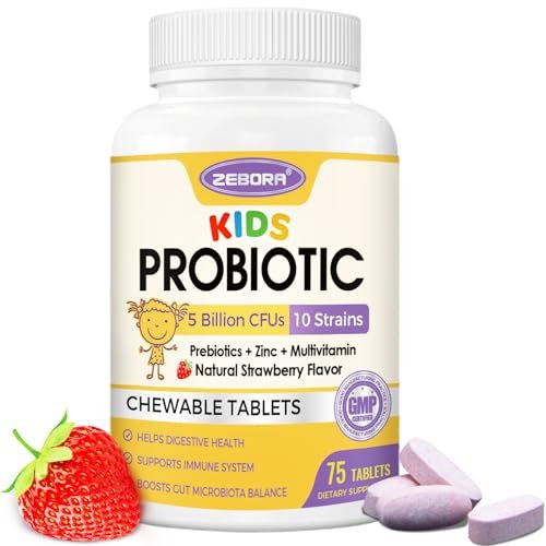 ZEBORA Kids Probiotische Kautabletten für die Verdauungsgesundheit mit 5 Milliarden KBE, Präbiotika und Probiotika für Kinder für Darmgesundheit, Immununterstützung, Nährstoffaufnahme, Vitamin C, Zink, 75 Portionen, Erdbeergeschmack