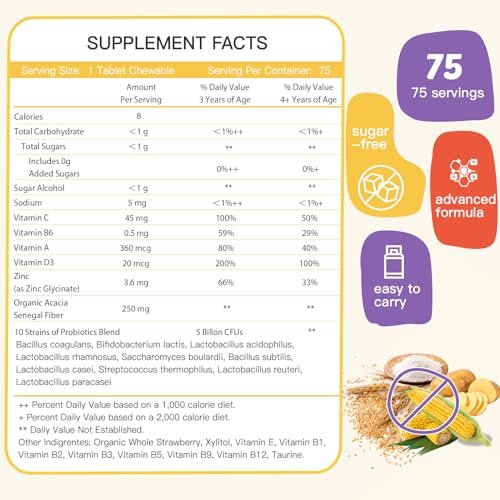 ZEBORA Kids Probiotische Kautabletten für die Verdauungsgesundheit mit 5 Milliarden KBE, Präbiotika und Probiotika für Kinder für Darmgesundheit, Immununterstützung, Nährstoffaufnahme, Vitamin C, Zink, 75 Portionen, Erdbeergeschmack