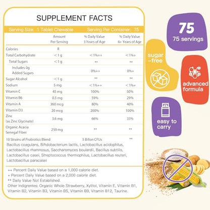 ZEBORA Kids Probiotische Kautabletten für die Verdauungsgesundheit mit 5 Milliarden KBE, Präbiotika und Probiotika für Kinder für Darmgesundheit, Immununterstützung, Nährstoffaufnahme, Vitamin C, Zink, 75 Portionen, Erdbeergeschmack