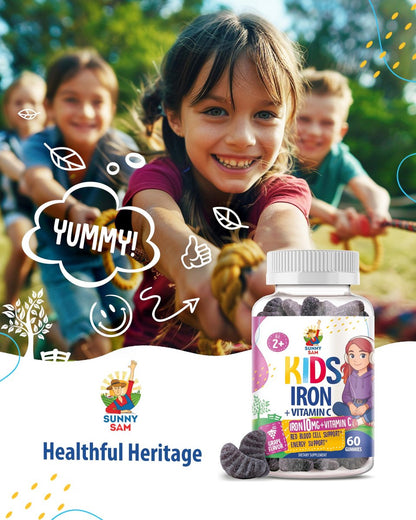 SUNNY SAM Eisen Gummibärchen für Kinder & Teenager - 10 mg Eisen mit Vitamin C - Zuckerarme Kaugummis zur Immununterstützung, Unterstützt die Produktion roter Blutkörperchen für Mädchen & Jungen