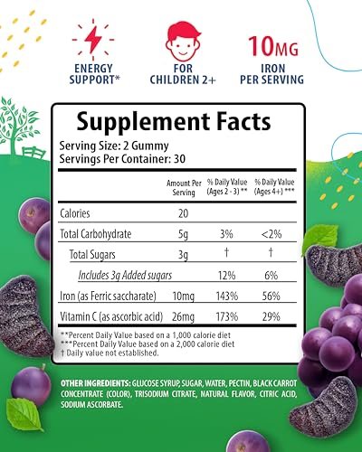 SUNNY SAM Eisen Gummibärchen für Kinder & Teenager - 10 mg Eisen mit Vitamin C - Zuckerarme Kaugummis zur Immununterstützung, Unterstützt die Produktion roter Blutkörperchen für Mädchen & Jungen