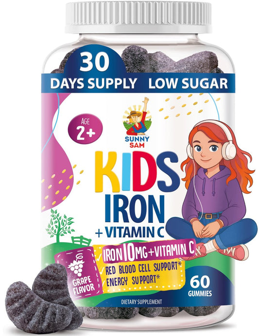 SUNNY SAM Eisen Gummibärchen für Kinder & Teenager - 10 mg Eisen mit Vitamin C - Zuckerarme Kaugummis zur Immununterstützung, Unterstützt die Produktion roter Blutkörperchen für Mädchen & Jungen