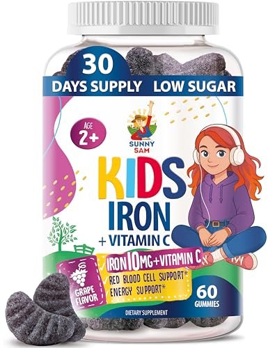 SUNNY SAM Eisen Gummibärchen für Kinder & Teenager - 10 mg Eisen mit Vitamin C - Zuckerarme Kaugummis zur Immununterstützung, Unterstützt die Produktion roter Blutkörperchen für Mädchen & Jungen