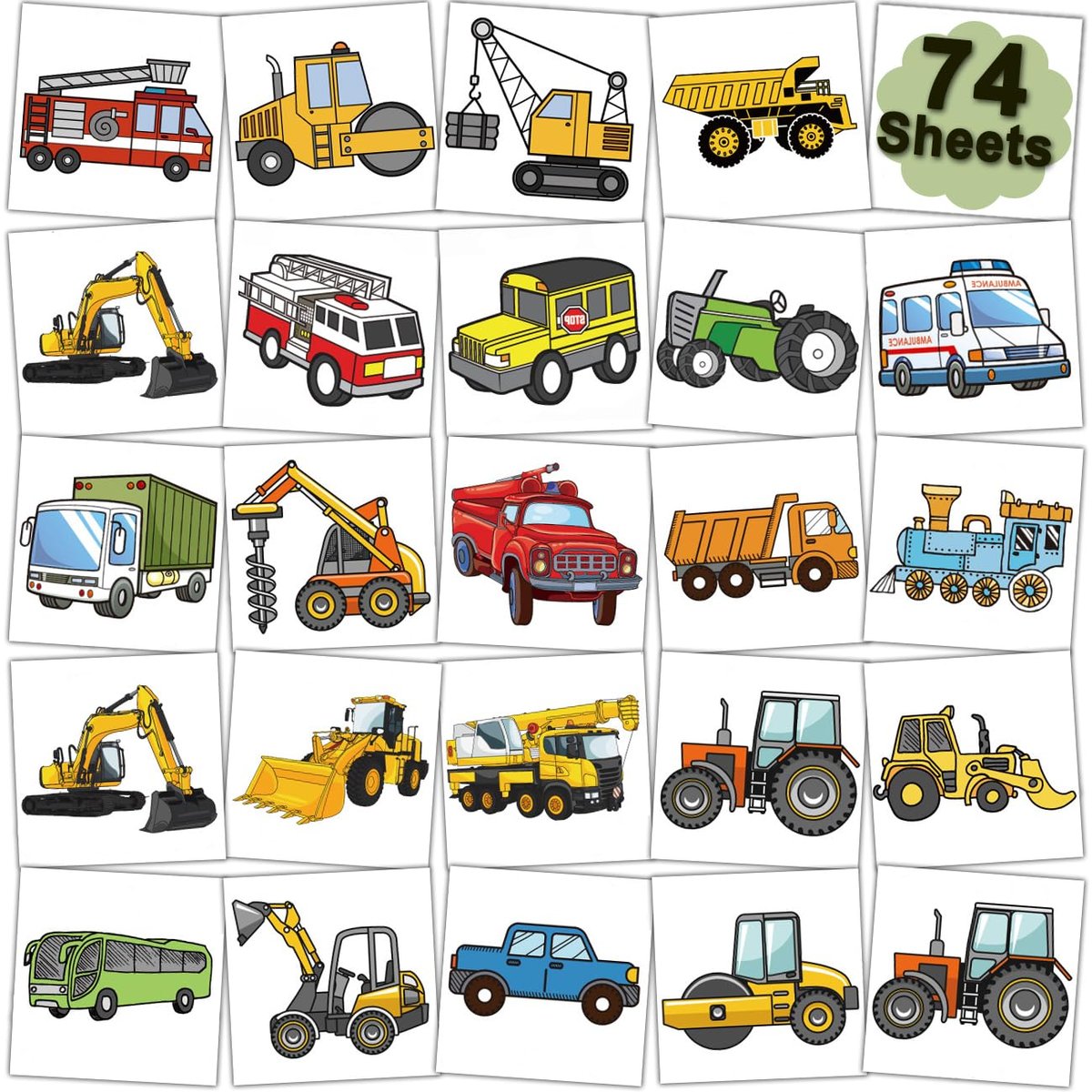 CHARLENT Auto- und LKW-Tattoos für Kinder – 74 temporäre Tattoos für Jungen Geburtstagsfeiern, Goodie Bags und Partytüten