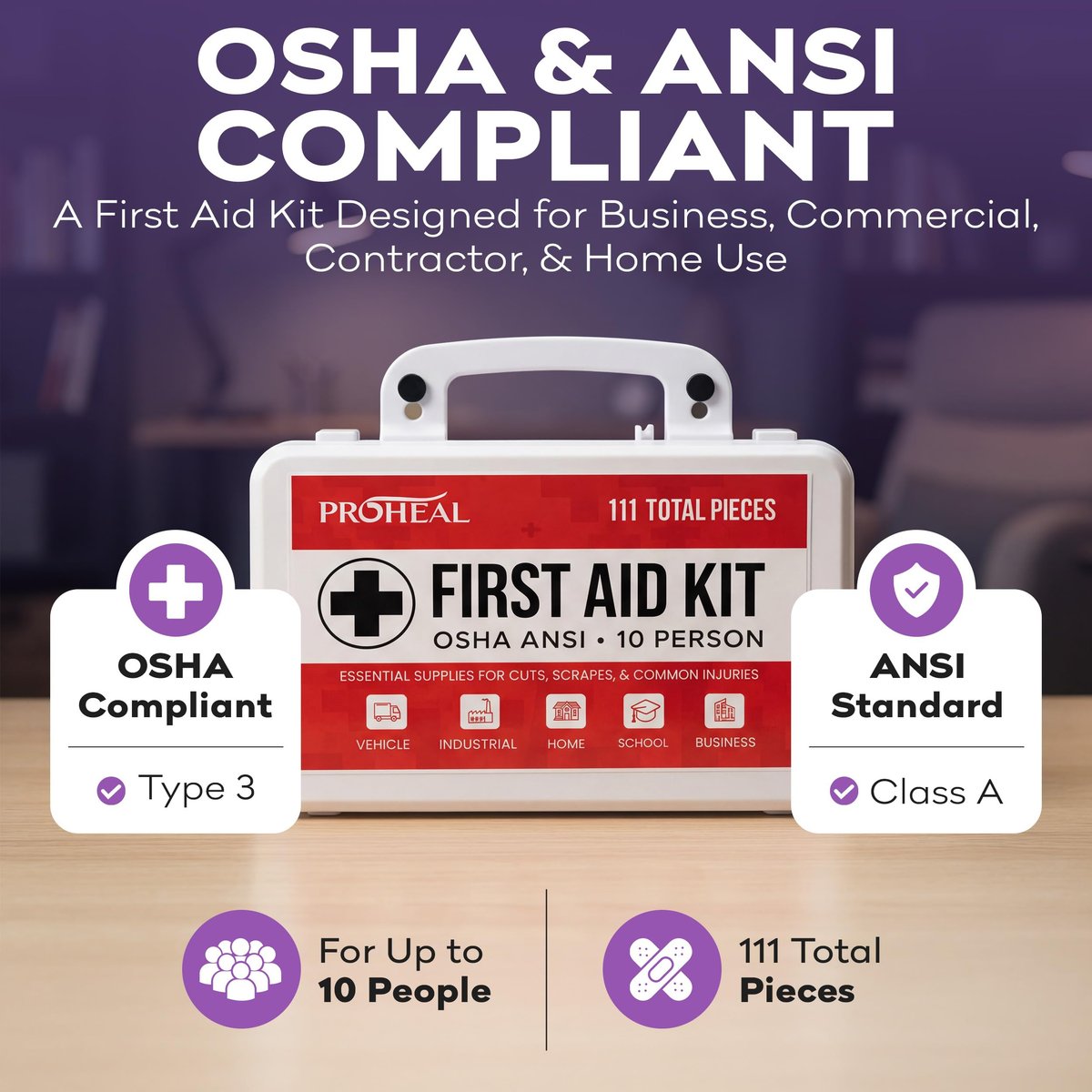 ProHeal Erste-Hilfe-Kasten für 10 Personen, Typ III, ANSI Klasse A, 111 Teile, OSHA-konform, Latexfrei, Wandmontierbar