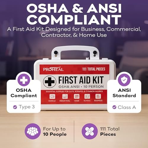 ProHeal Erste-Hilfe-Kasten für 10 Personen, Typ III, ANSI Klasse A, 111 Teile, OSHA-konform, Latexfrei, Wandmontierbar
