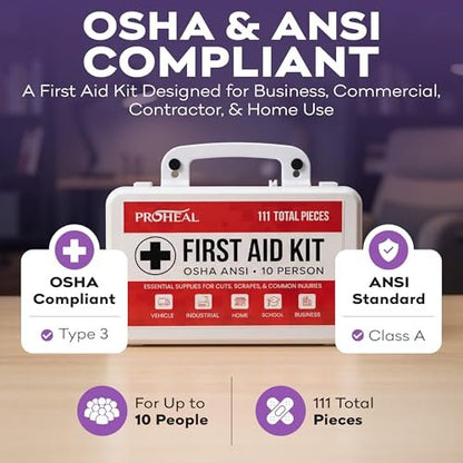 ProHeal Erste-Hilfe-Kasten für 10 Personen, Typ III, ANSI Klasse A, 111 Teile, OSHA-konform, Latexfrei, Wandmontierbar