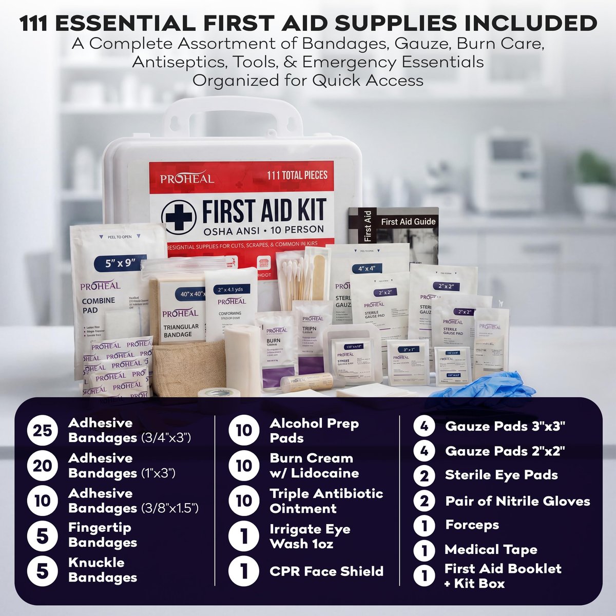 ProHeal Erste-Hilfe-Kasten für 10 Personen, Typ III, ANSI Klasse A, 111 Teile, OSHA-konform, Latexfrei, Wandmontierbar