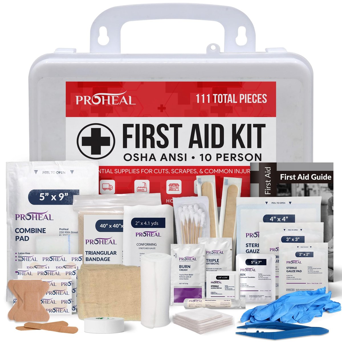 ProHeal Erste-Hilfe-Kasten für 10 Personen, Typ III, ANSI Klasse A, 111 Teile, OSHA-konform, Latexfrei, Wandmontierbar