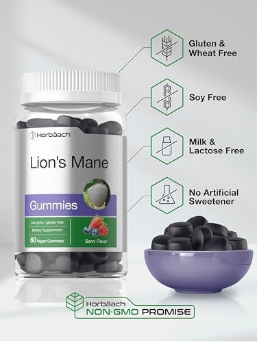 Horbäach Löwenmähne Gummies | 60 vegane Gummis für Erwachsene | Nicht-GVO & glutenfrei