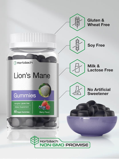 Horbäach Löwenmähne Gummies | 60 vegane Gummis für Erwachsene | Nicht-GVO & glutenfrei
