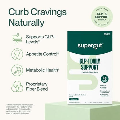 Supergut GLP1 Daily Support – Hochfaser-GLP-1-Supplement-Pulver für Frauen & Männer – Zuckerfreier Drink-Mix für die Darmgesundheit (15 Portionen)