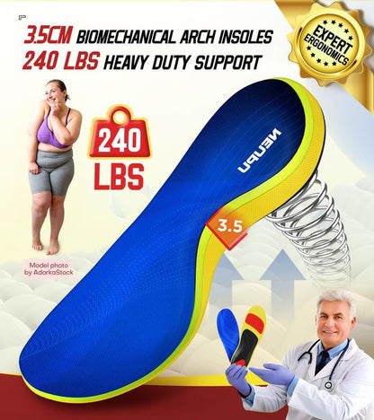 240+ lbs Plantarfasziitis-Einlegesohlen für Männer und Frauen – 100 % Memory-Schaum, Komfort & Schmerzlinderung, schwere Hochgewölbe-Stützen für Plattfüße, Arbeitsstiefel-Orthopädie, Stoßdämpfung
