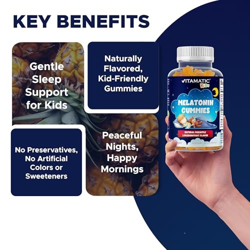Vitamatic Zuckerfreie Melatonin Gummies für Kinder 1mg, 90 Fruchtgummis, Ananas & Passionsfrucht Geschmack, 90 Tage Vorrat