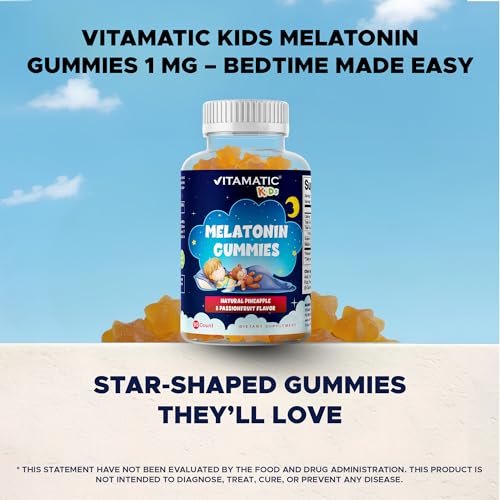 Vitamatic Zuckerfreie Melatonin Gummies für Kinder 1mg, 90 Fruchtgummis, Ananas & Passionsfrucht Geschmack, 90 Tage Vorrat