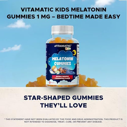 Vitamatic Zuckerfreie Melatonin Gummies für Kinder 1mg, 90 Fruchtgummis, Ananas & Passionsfrucht Geschmack, 90 Tage Vorrat